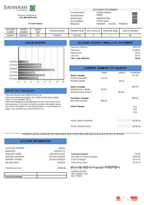USA Georgia Savannah business utility bill template in Word and PDF formats